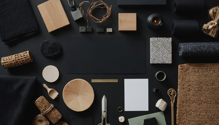 Designer workspace with blank branding elements on black background. Flat lay, top view.の素材