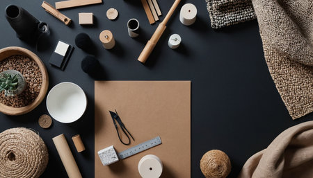 Flat lay composition with stationery items on black background. Mock upの素材