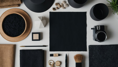 Flat lay, top view workspace with blank black paper sheet, camera, coffee cup and accessories.の素材