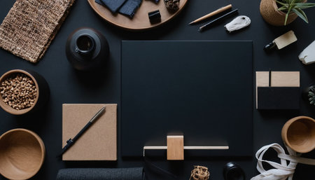 Flat lay composition with black paper sheet, candles and decor on black backgroundの素材