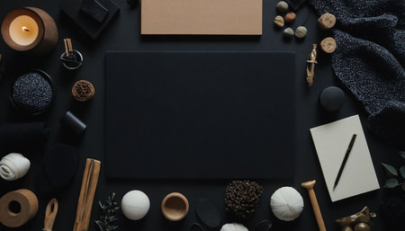 Flat lay composition with black blank paper, candlesr and accessories on black background.の素材