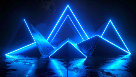 Glowing neon triangle on the dark background. 3D rendering.の素材