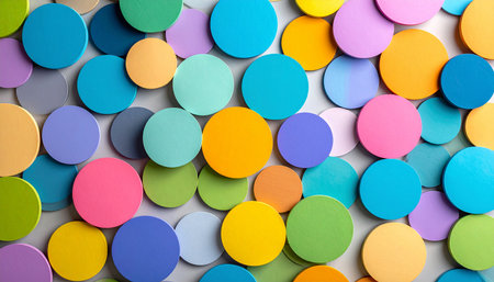 Colorful round confetti on white background, top view. Space for textの素材