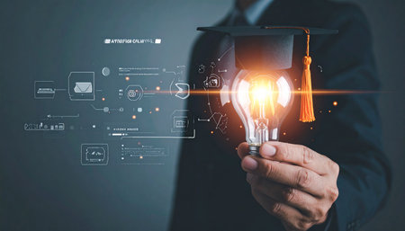 Close up of businessman hand holding light bulb and graduation cap. Education conceptの素材
