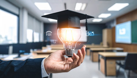 Businessman hand holding light bulb with education icons and graduation cap. Mixed mediaの素材
