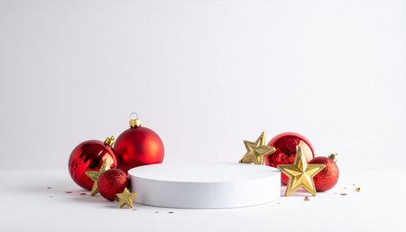 White podium with red christmas balls and golden stars on white backgroundの素材