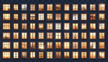 Realistic windows with glowing lights. Set of windows in the dark. Vector illustrationの素材