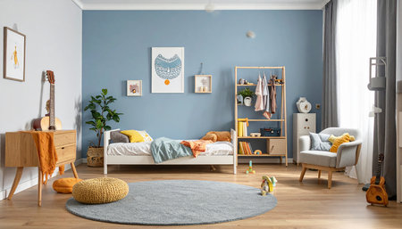 Interior of children's room with blue walls and wooden furniture. 3d renderの素材