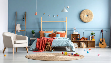 Interior of children's room with blue walls, wooden floor, white armchair and comfortable bedの素材