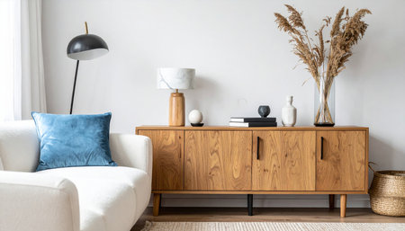 interior of modern living room with white sofa and wooden chest of drawersの素材