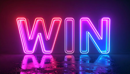 Glowing neon word Win on a dark background. 3D Renderingの素材