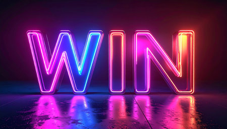 Glowing neon word Win in dark room. 3D Renderingの素材