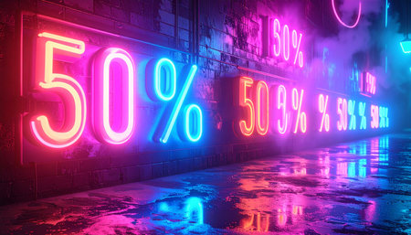 Fifty percent discount in neon light on the street. 3d renderingの素材