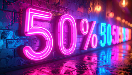 50 percent discount neon sign on brick wall background. 3d illustrationの素材