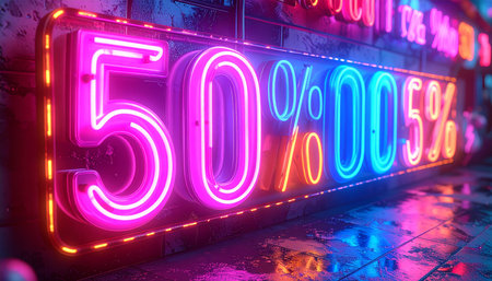 Neon sign 50 percent discount in night city. 3D renderingの素材