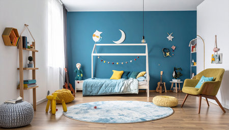 Interior of child's room with blue walls, wooden floor, white bed and yellow armchairの素材