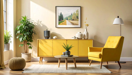 Interior of modern living room with yellow armchair, coffee table and plantsの素材