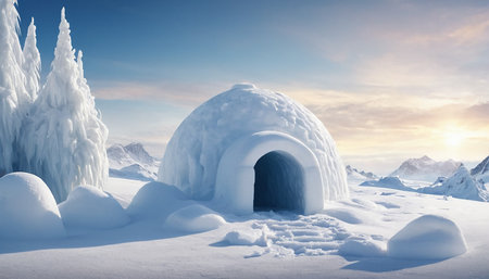 Ice igloo in the mountains. Winter landscape with snowdrifts.の素材
