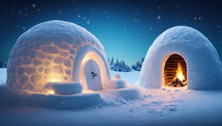 3d rendering of an igloo in the snow with a fireplaceの素材