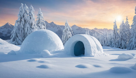 Fantastic winter landscape with igloo in the snowy mountains.の素材