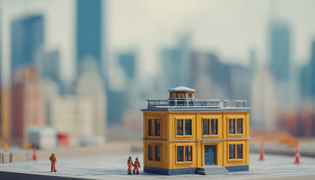 the Miniature of construction worker working on the building with city backgroundの素材