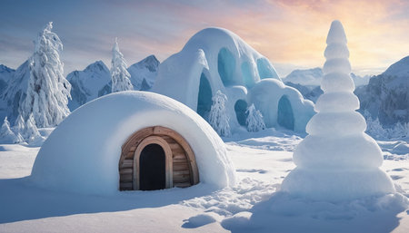 Snow igloo in the mountains at sunset. Concept of winter holidaysの素材
