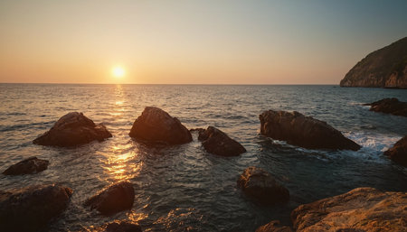 Sunset over the sea with rocks. Beautiful seascape.の素材