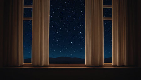 Night view from the window with a view of the starry skyの素材
