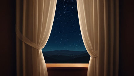 Window with curtains and mountains in the background. Night view. 3d renderingの素材