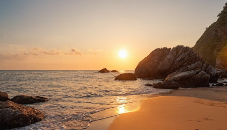 Beautiful sunset on the beach in Costa Brava, Catalonia, Spainの素材
