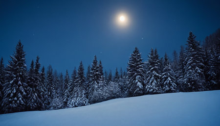 Beautiful winter landscape with snowy fir trees and full moon in the skyの素材