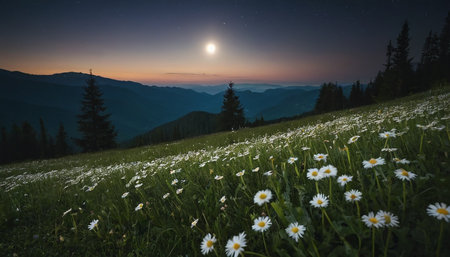 Meadow of daisies at night in Carpathian mountainsの素材