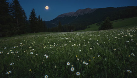 Full moon over meadow with daisies in front of mountainsの素材