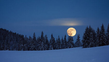 Beautiful winter landscape with full moon and spruce forest at nightの素材