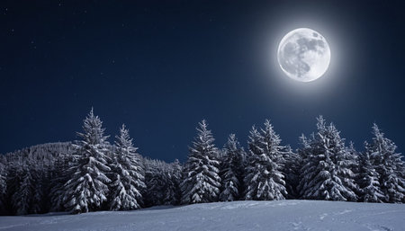 Fantastic winter landscape with snow covered trees and full moon at nightの素材