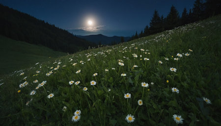 beautiful daisies in the mountains at night in full moon lightの素材