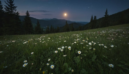 Daisy flowers on meadow in mountains at night with full moonの素材