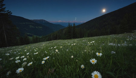 mountain meadow at night with white daisies and full moonの素材