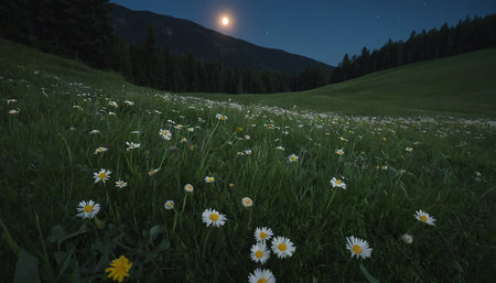meadow with daisies and full moon in the mountains at nightの素材