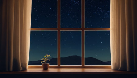 Window with a view of the night starry sky. 3d renderingの素材