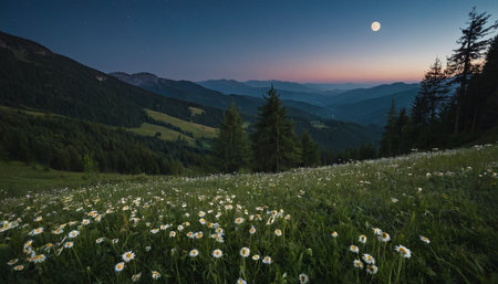 Meadow with daisies in the mountains at night.の素材