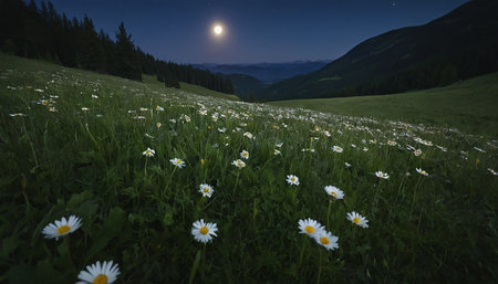 mountain meadow with daisies at night in full moon lightの素材