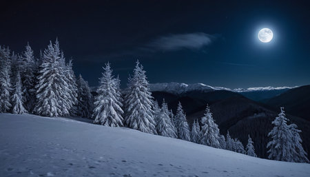 Beautiful winter landscape in the mountains at night with full moon.の素材