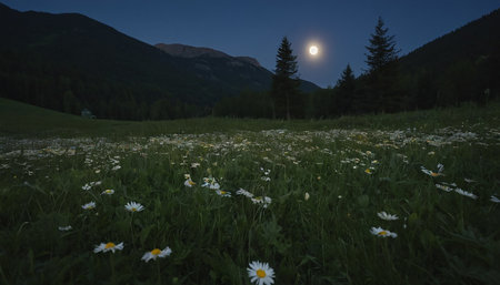 Daisy meadow in the mountains at night with full moon.の素材