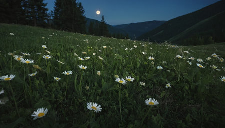 Daisy meadow in the mountains at night with full moon.の素材