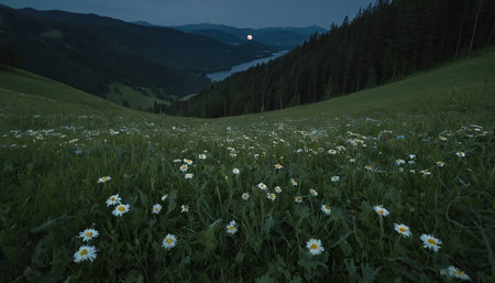 Meadow with daisies at sunset in the Carpathian mountainsの素材