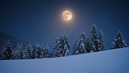 Fantastic winter landscape with snow covered fir trees and full moonの素材