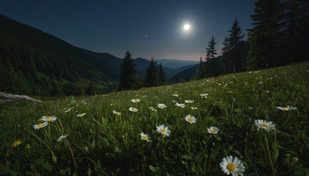 Meadow with daisies in the mountains at night.の素材