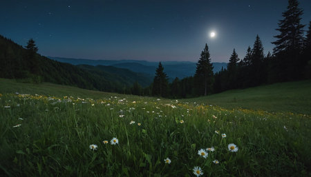 Full moon over a meadow in the Carpathian mountains.の素材