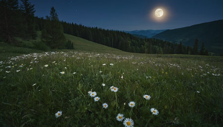 beautiful mountain landscape at night in full moon light. meadow with daisiesの素材